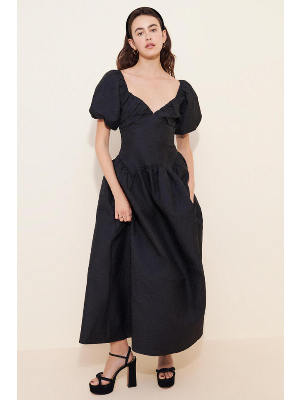 Anthropologie x Glamorous - Black Puff Sleeve Midi Dress Ruffle Detail, Size S
